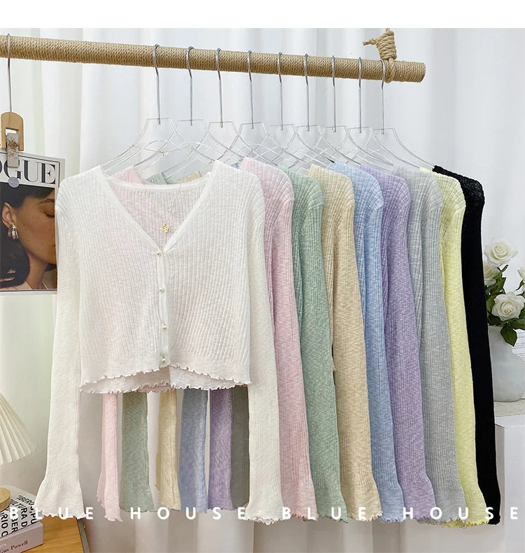 2026 Spring Summer Gentle Ruffle Trim Long Sleeve Ice Silk Sunscreen Knitted Cardigan Women Short Pearl Button Thin Casual Coat