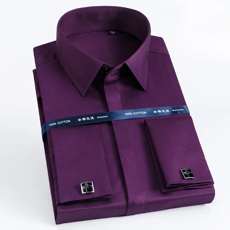 2026 Iron Free French Cufflink Long Sleeves Slim Fit 100% Cotton  Men's Concealed Buttons Solid Color High-end Wedding Dress