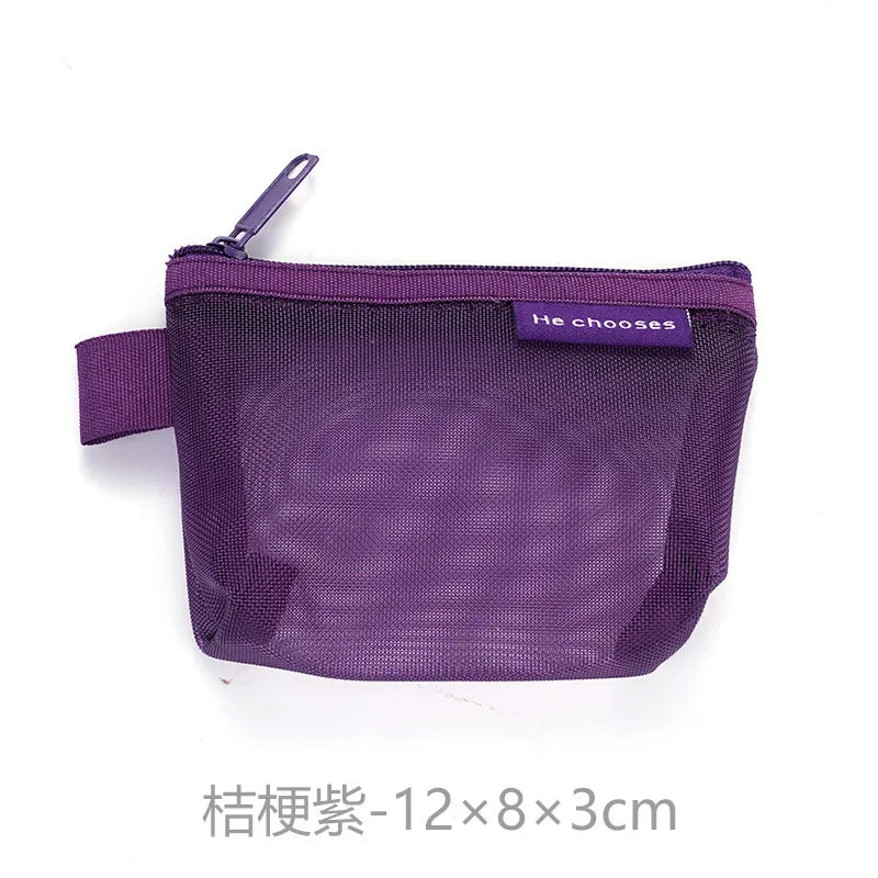 Mini Clear Nylon Mesh zipper Cosmetic Bags Cute Women Small Lipstick Makeup Bags Pouch Data Line Key Earphone Organizer Case