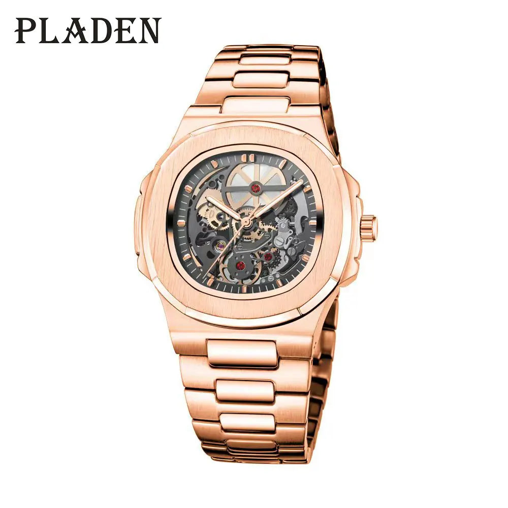 Power Reserve Mechanical Men Wristwatch Skeleton Stainless Steel Powerful Automatic Watches Square Waterproof Hand Clock Gift