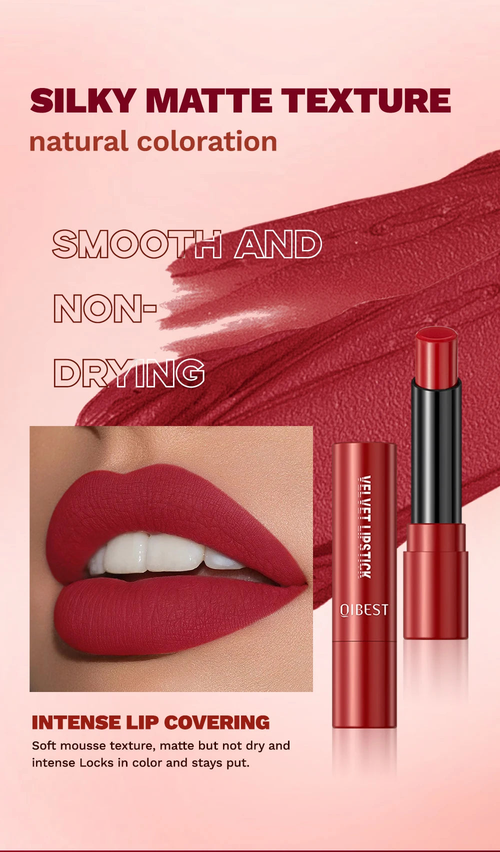 QIBEST Nude Lipstick Matte Lip Gloss High Pigment Makeup Classic Sexy Lipgloss Non-Stick Cup Long Lasting Red Lip Tint Cosmetics