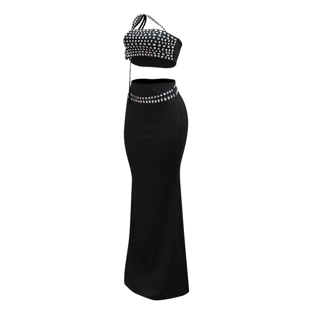 Women Dress Sets Floor Length Buttocks Skirts Two Pieces Set Matching Sets Diamonds Camisole High Street Party Night Evening