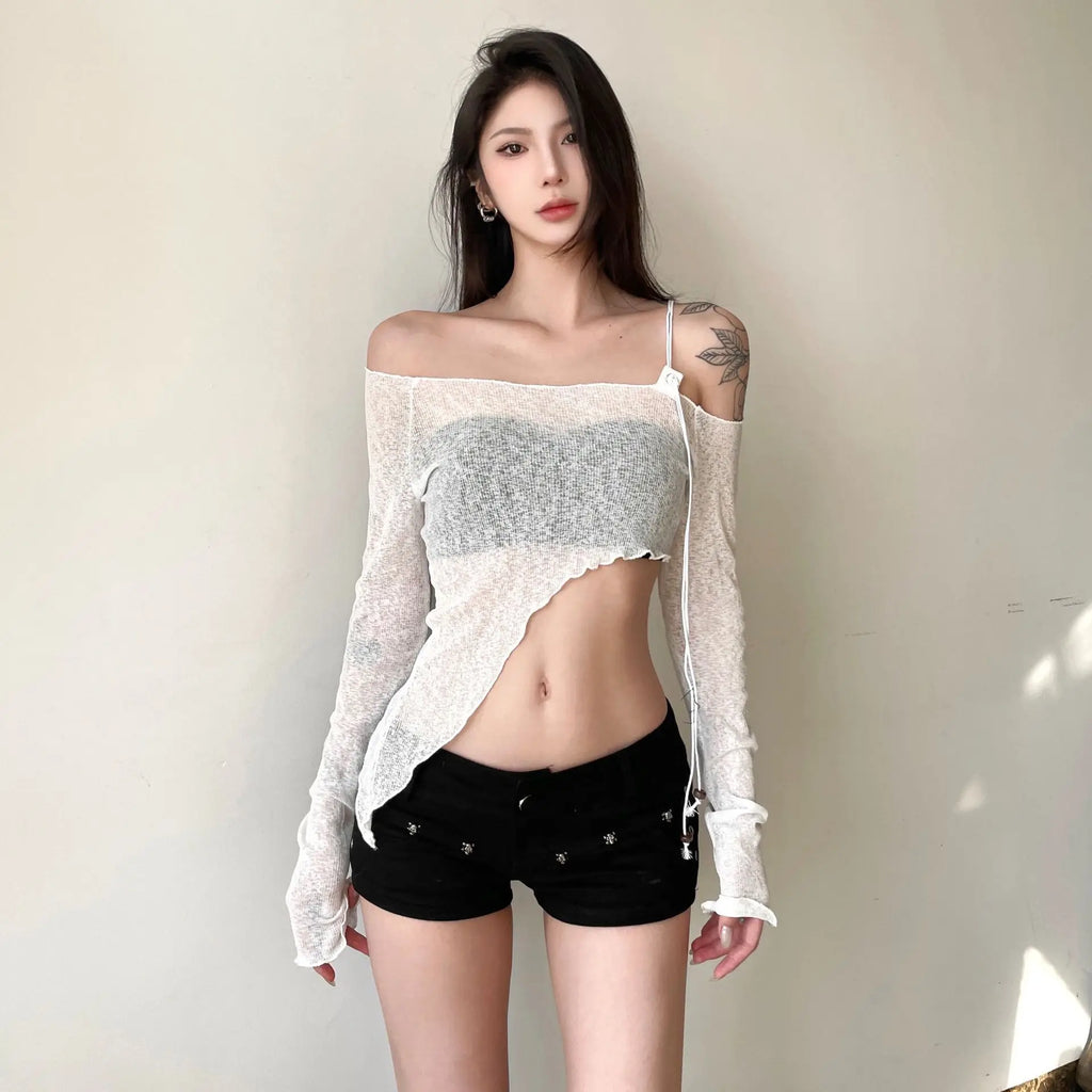 Asymmetrical T Shirts For Women Y2k Clothes Off Shoulder Sexy Streetwear Long Sleeve Crop Top Lace-up Camisetas Ropa De Mujer