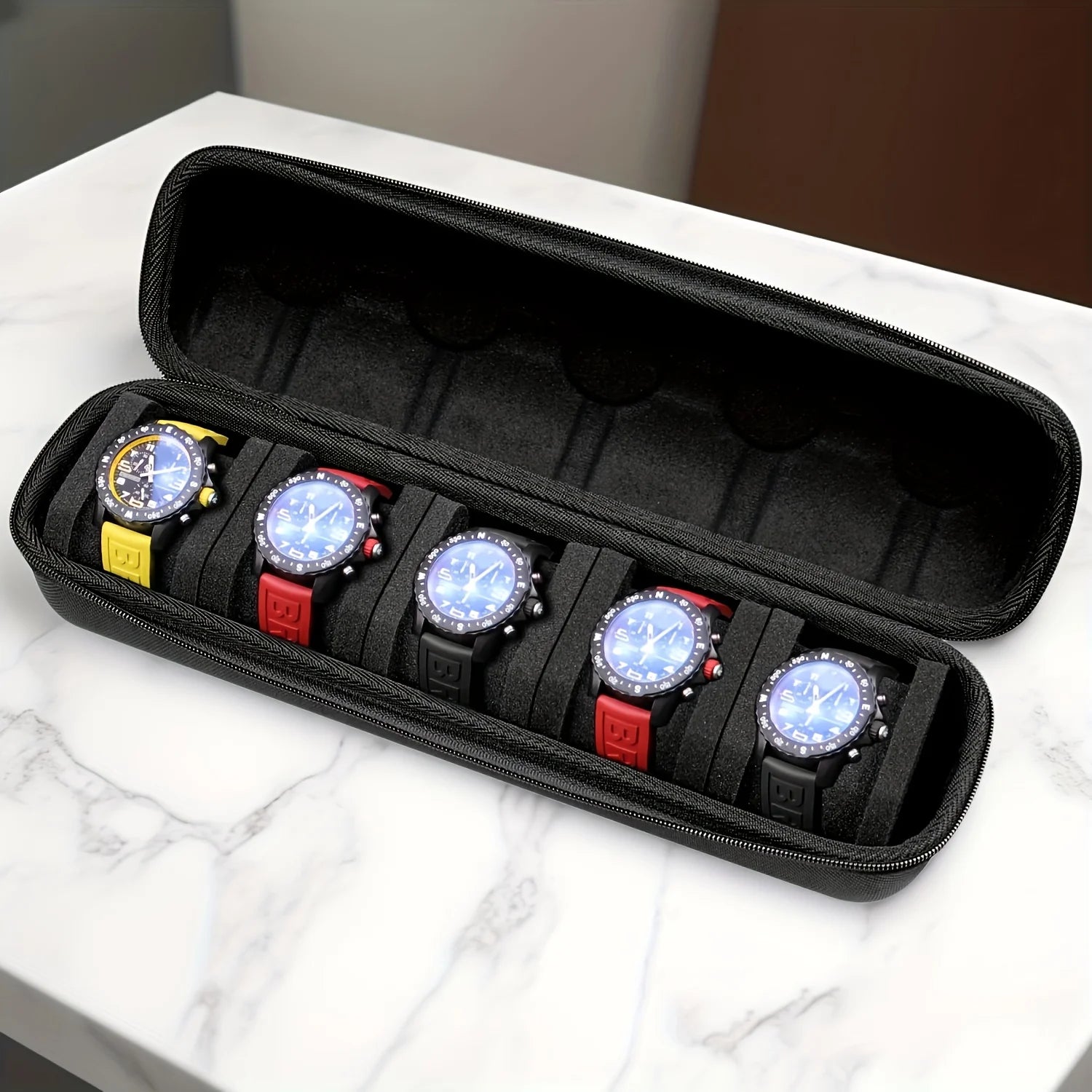 1pc Heavy-Duty Watch Organizer with Flip-Top Lid - 5-Slot Watch Storage Box, Scratch-Resistant Interior, Portable Watch Case