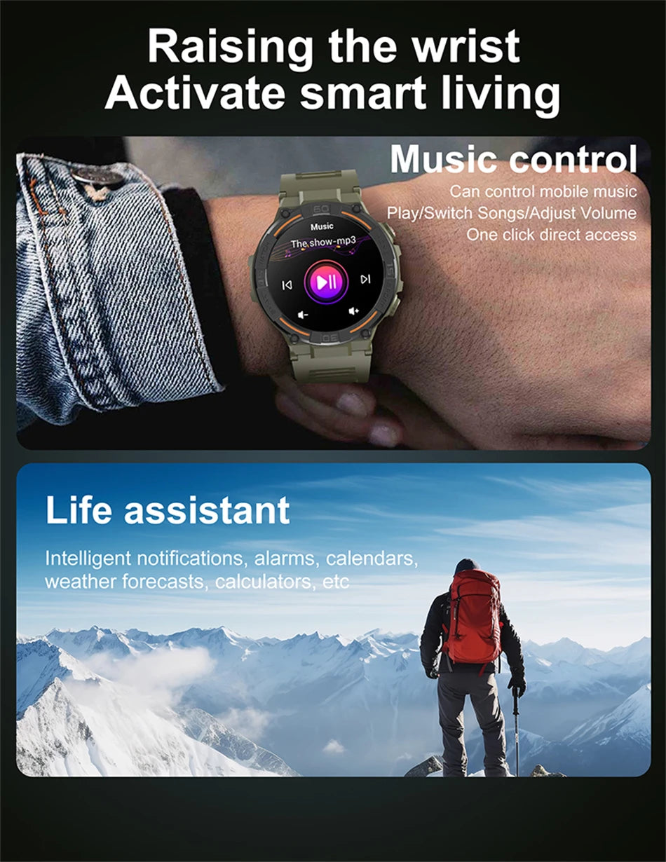 Outdoor Military Rugged Smartwatch Men GPS Sports Fitness Waterproof Watch Bluetooth Call with LED Lights Smart Watch