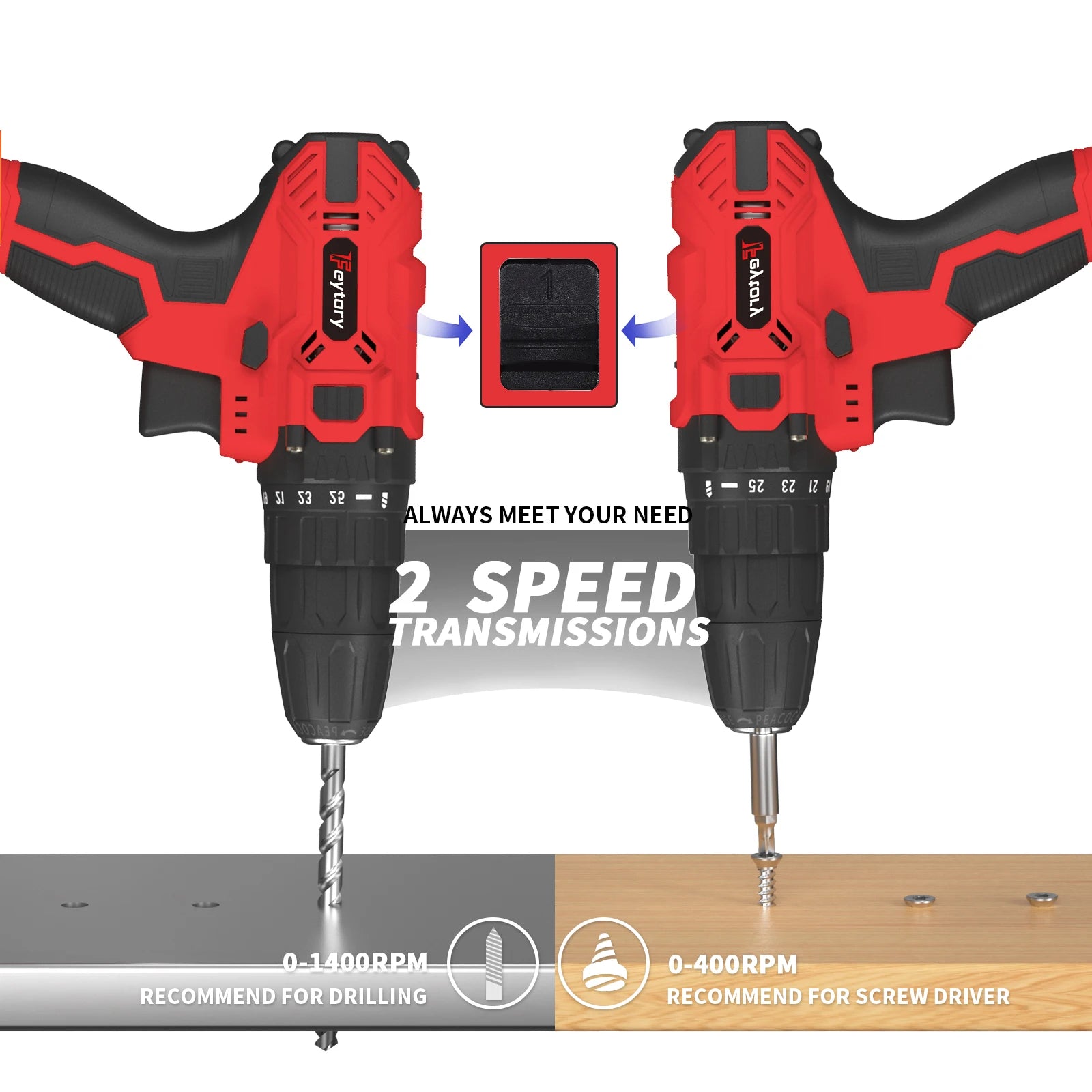 45Nm Cordless Drill with 2 X 1.5Ah Li-Ion Batteies and Charger, 140W, 25+1 Torque, 2 Speed, 2700RPM, 29 Accessories, Carry Case