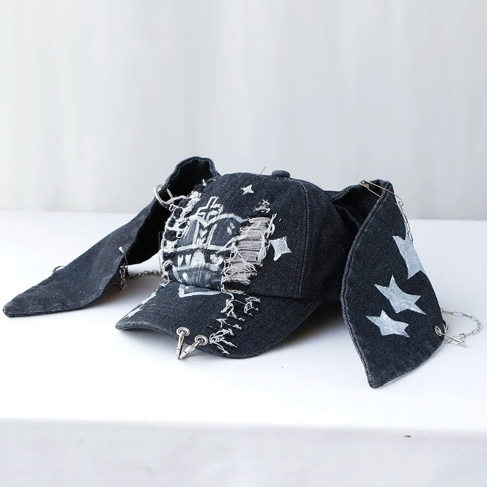 Designer Graffiti Devil Ears Denim Baseball Caps Men Women Autumn Personality Versatile Retro Ripped Style Hip Hop Men's Hat