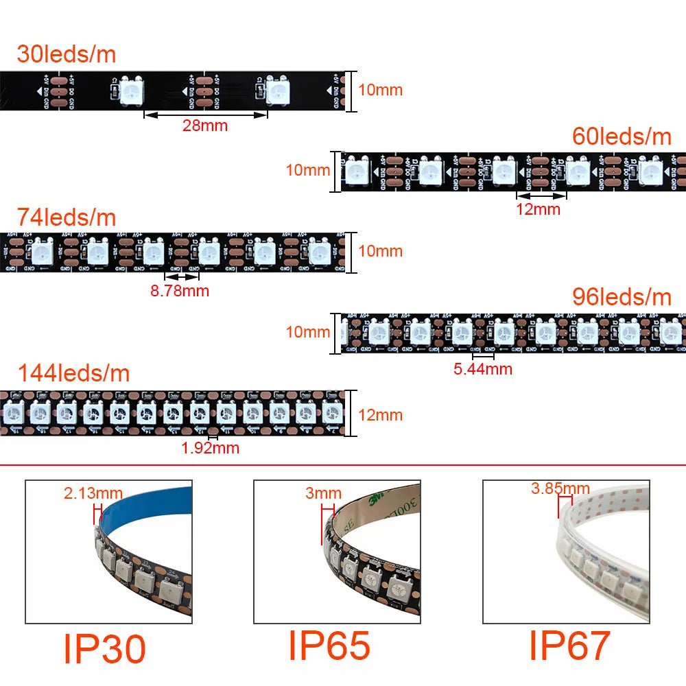 5V WS2812B WS2812 Digital Flexible Individually Addressable Pixel Led Strip RGB LED Strip 30/60/74/96/144Pixel/Leds/M Tape Light