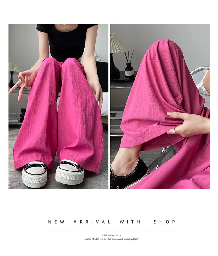 BIVIGAOS Lazy Style Loose Wide Leg Pants Women Summer Coloured Thin Casual Tide Straight Ice Silk Japanese Sunscreen Pants