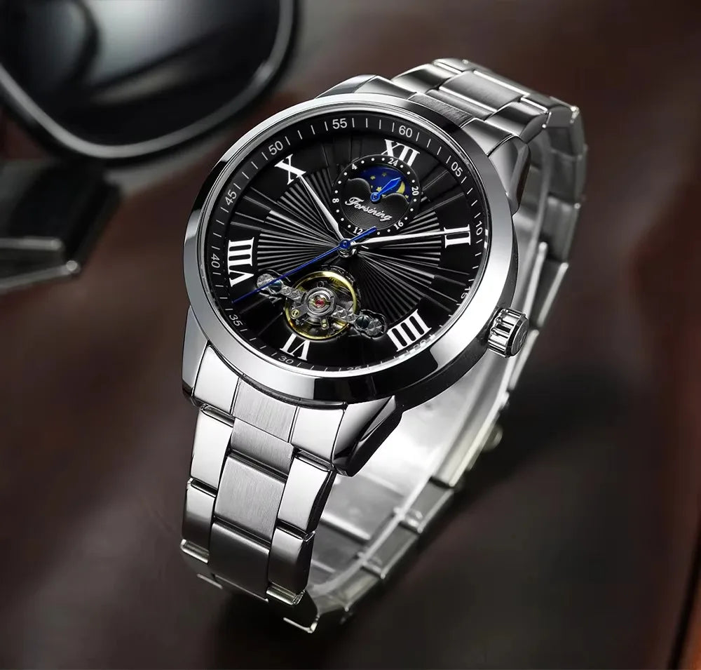 Forsining Men's Automatic Tourbillon Moon Phase Mechanical Watch Stainless Steel 3ATM Waterproof Luxury Design Business Style