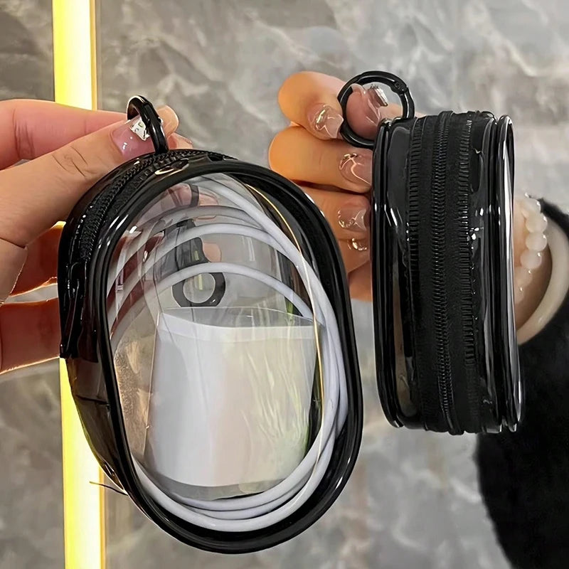 Portable Mini Transparent Storage Bag with Zipper, Multifunctional Headphone and Charger Case, Travel Accessories with Keychain