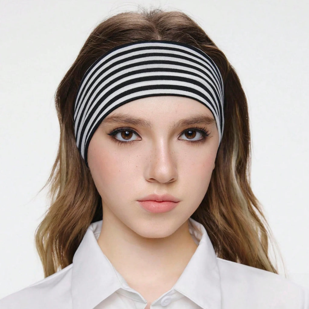 3Pcs Black & White Polka Dot Striped Elastic Headbands For Women Soft Stretchy Hair Accessory For Yoga Fitness Travel Daily Life
