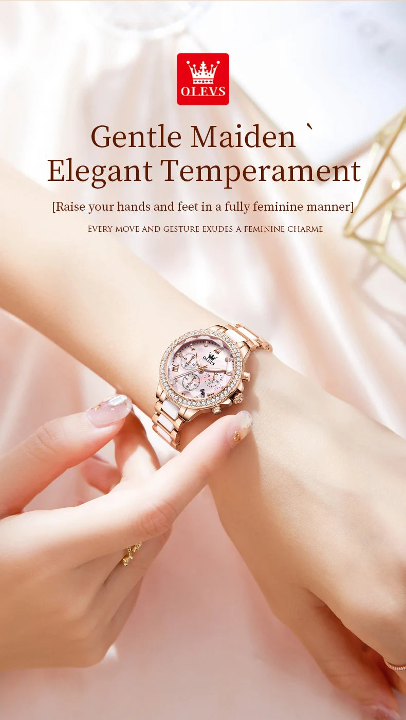 OLEVS Diamond Quartz Watch for Women Luxury Elegant Ceramics Strap Rhombic Mirror Ladies Wristwatch Waterproof Chronograph Clock