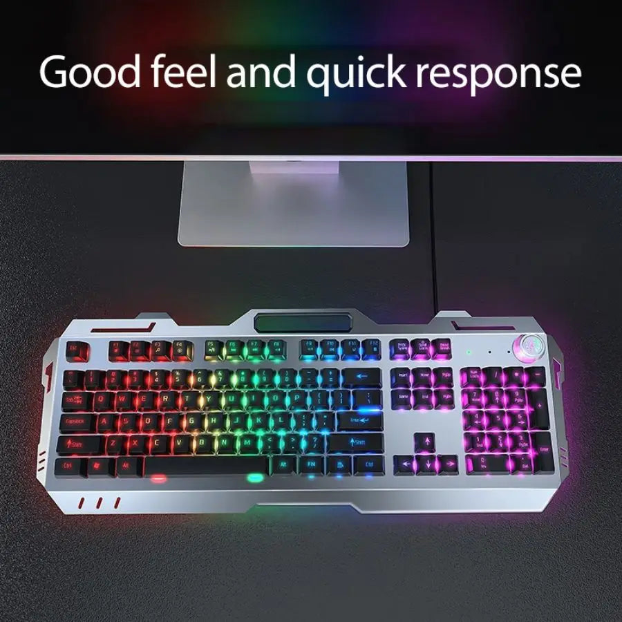 EWEADN GX810 Wired Membrane Keyboard, All-Metal Panel with Multimedia knob and mobile phone holder, for Games and Office(Black)