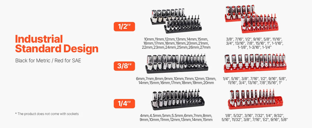 VEVOR 8PCS Socket Organizer Tray Set 1/4'' 3/8'' & 1/2'' Metric SAE Socket Holder up to 176PCS Standard & Deep Sockets for Tools