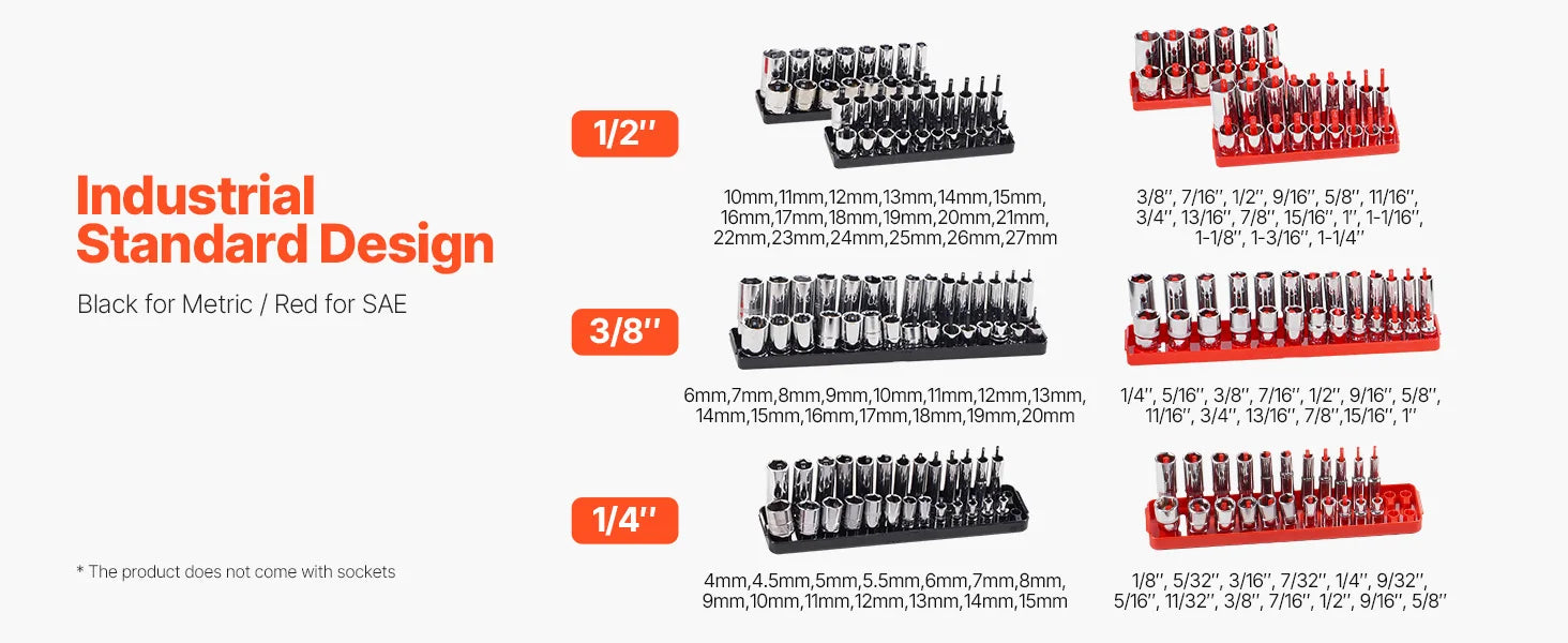 VEVOR 8PCS Socket Organizer Tray Set 1/4'' 3/8'' & 1/2'' Metric SAE Socket Holder up to 176PCS Standard & Deep Sockets for Tools