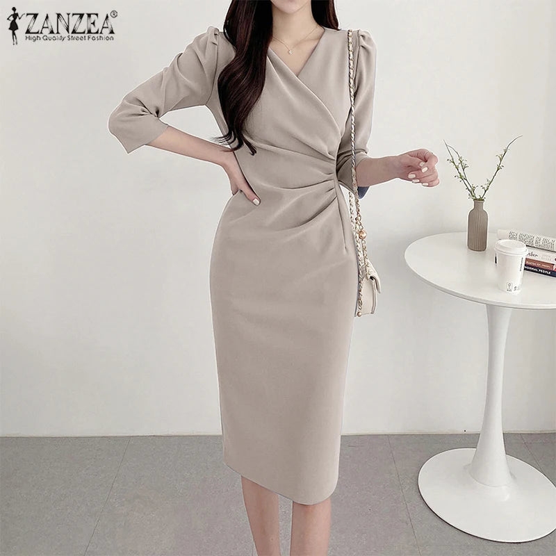 ZANZEA Autumn Women Elegant V Neck Bodycon Dress Ladies Party Club Dresses Fashion Work OL Vestidos 2024 Spring Women's Clothing