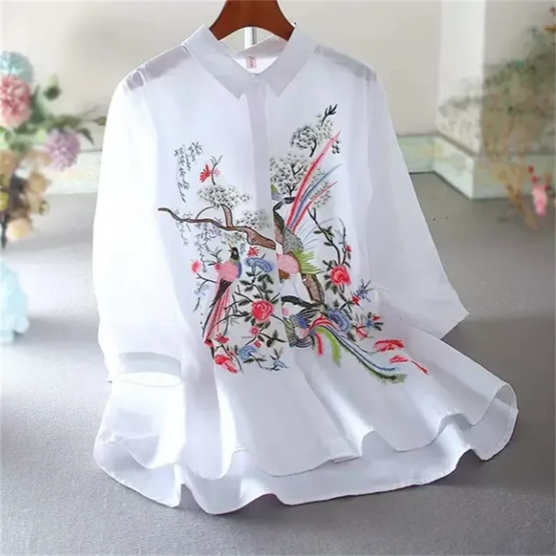 Literature Art Blouse For Women Shirt China Blusas Chic Embroidery Flower Blouses Loose Shirt Medium Length Vintage shirt Top