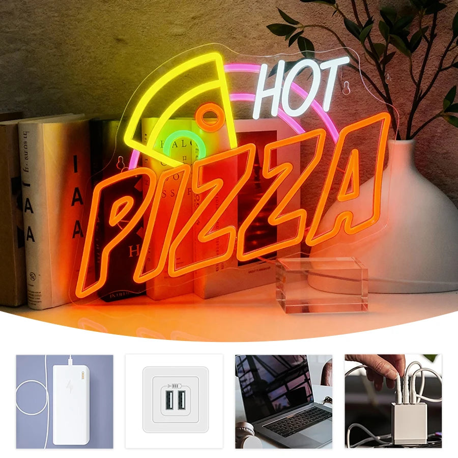Gourmet Neon Signs, Aesthetic Business Lights Of Fried Chicken Pizza Icons, Used For Decor Of Fast Food Restaurants And Shops.