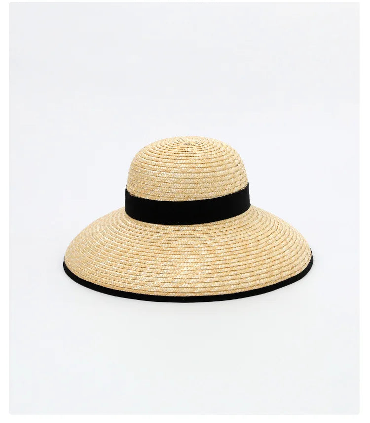 Wide-Brimmed Black-Trimmed Straw Hats for Women Summer Vintage French Elegant Hepburn Wide-Brimmed Woven Beach Caps Casquette