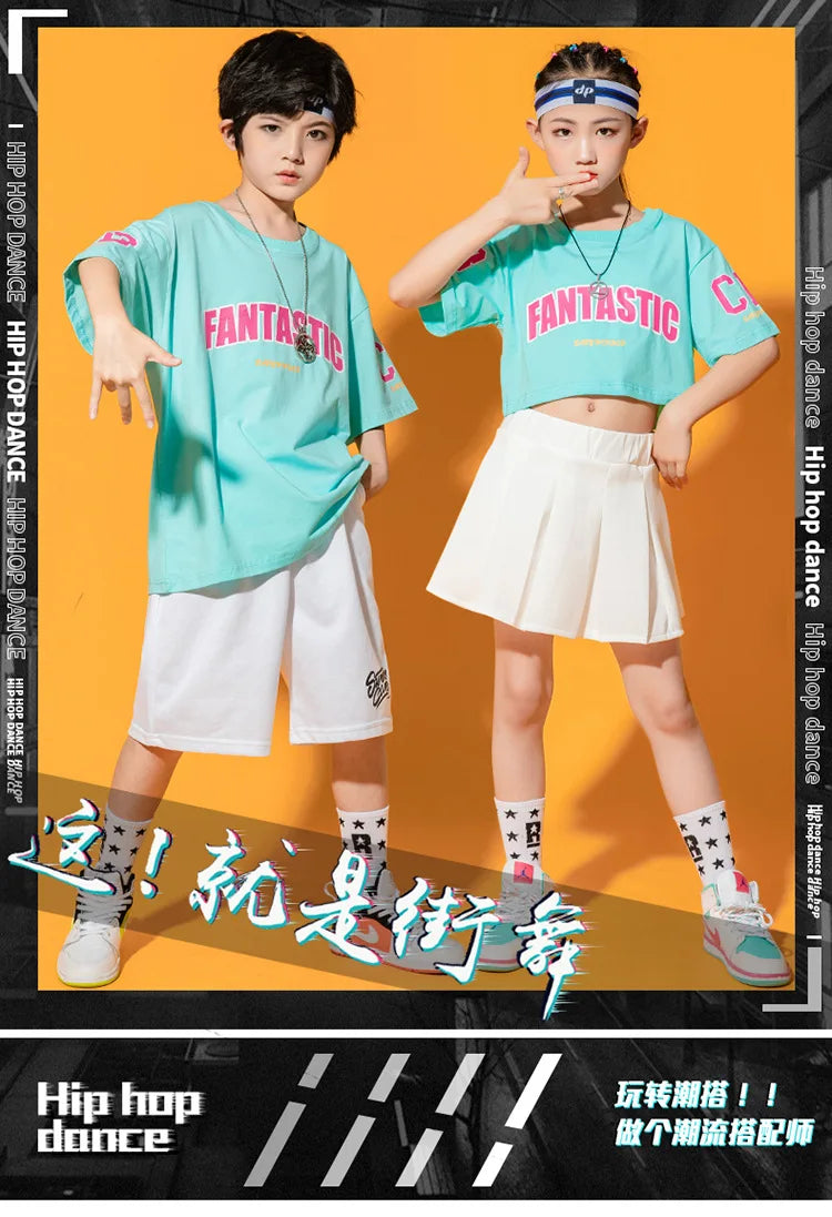 Boys Street Dance Blue T-shirt Shorts Girls Hip Hop Crop Top Skirt Outfits Kids Summer Costume Clothes Sets Children Streetwear