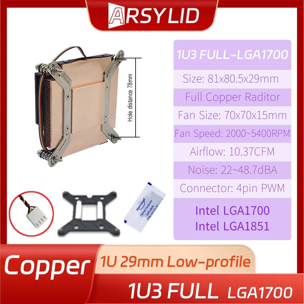 Full Pure Copper 1U Server Radiator 29mm Height Double Ball Turbo Cooling Fan LGA1700 2011 1200 115x AM4 AM5