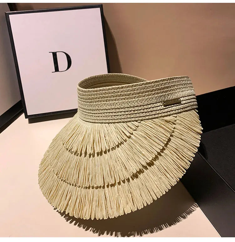 Designer Brand Sunscreen Tassel Straw Hats for Women Summer Empty Top Sun Hat Outdoor Pamama UV Protection Beach Sunshade Cap