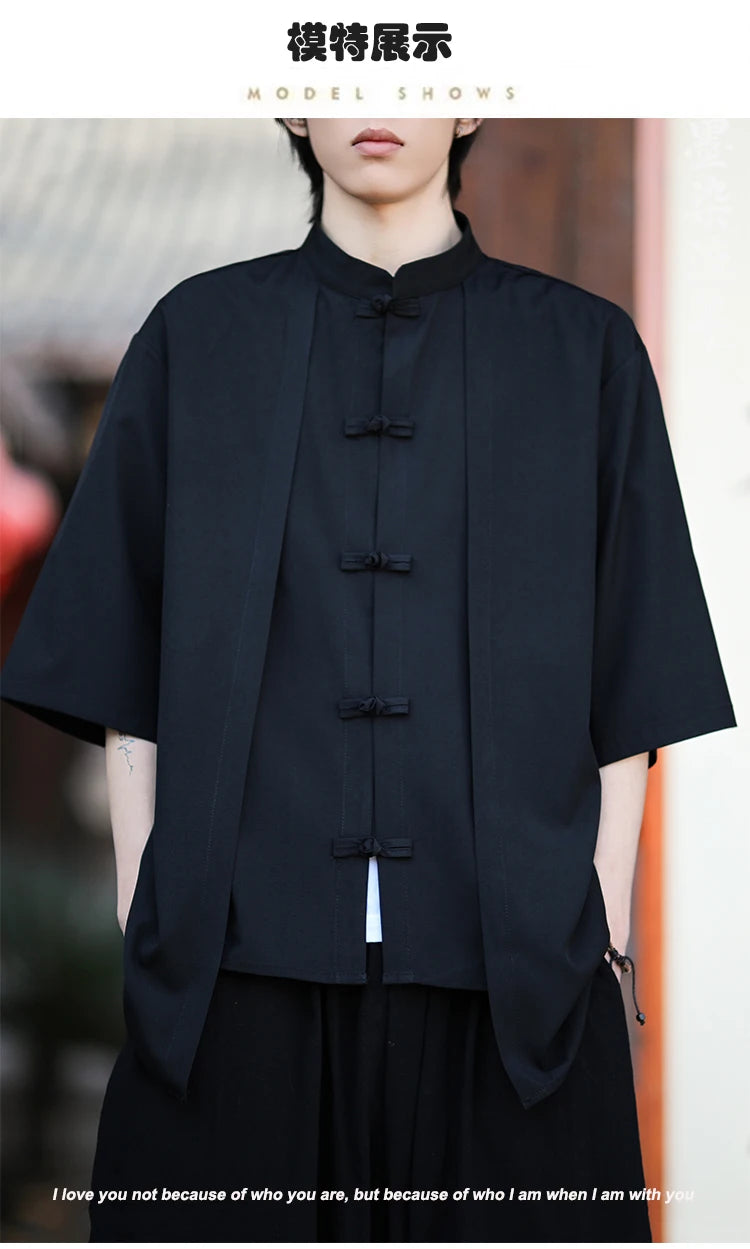 Chinese Shirt Men Ice Silk Chinese Style Comfortable Breathable Retro Shirt  Men Casual Summer Loose Fit Fashion Solid Color Top