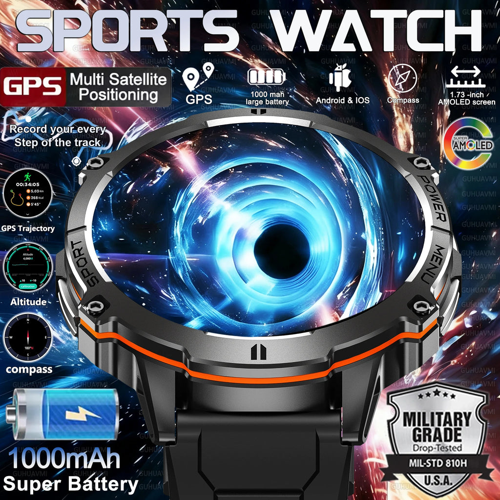 New Outdoor Military Smart Watch Men 1.73" AMOLED IP69K 10ATM Waterproof Compass 1000mAh Super Large Battery HD Call Watches Men