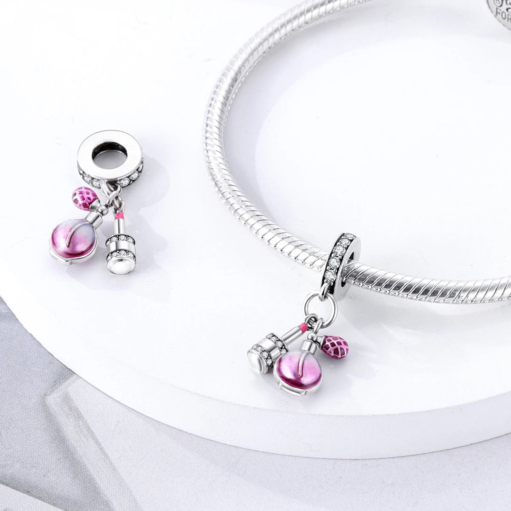 925 Silver Lipstick High Heels Charms For Lady Pendant Fit Original Bracelet DIY Ornament