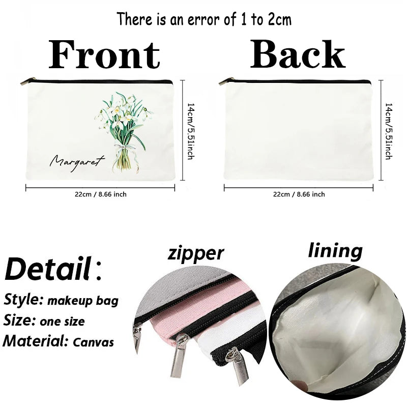 Customized Name Flower Bouquet Personalized Makeup Bag Birthday Gift Single Girl Bridesmaid Wedding Gift Lipstick Storage Bag
