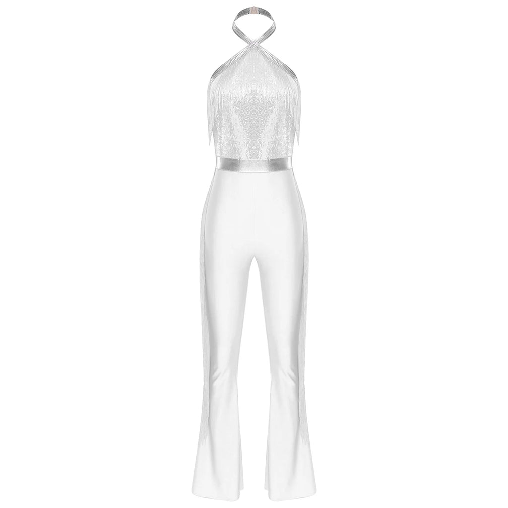Womens 70s Disco Party Jumpsuit Halter Shiny Sequins Tassel Flared Pants Latin Jazz Dance Rompers Rave Festival Prom Clubwear