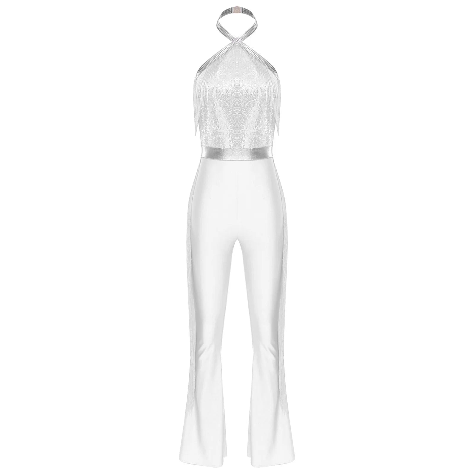 Womens 70s Disco Party Jumpsuit Halter Shiny Sequins Tassel Flared Pants Latin Jazz Dance Rompers Rave Festival Prom Clubwear