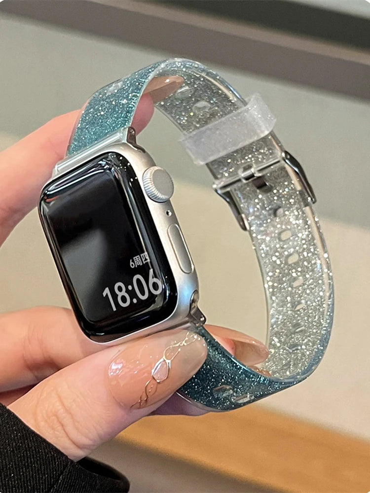 Luxury Glitter Clear Band For Apple Watch Strap 41mm 45mm 44mm 40mm 38mm Girl Sport Plastic Starp For iWatch 9 8 7 6 5 4 3 2 SE