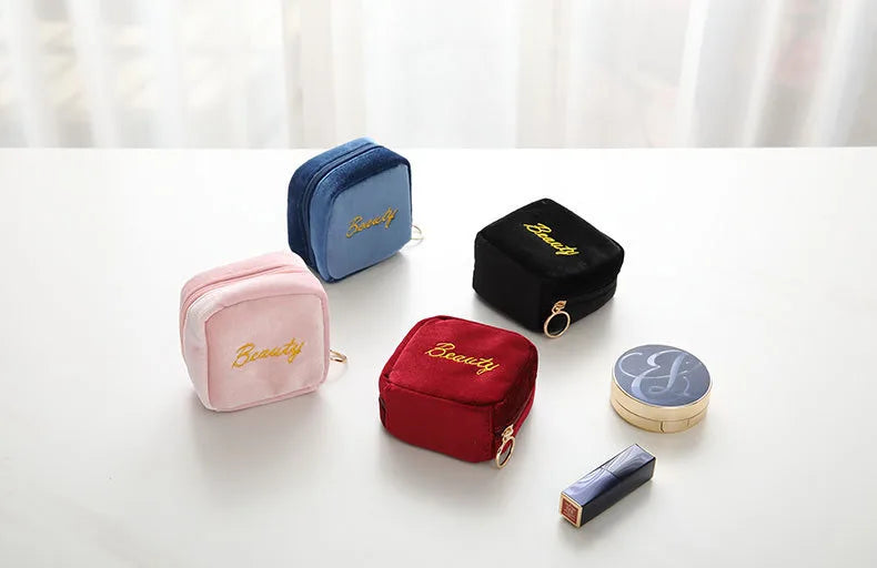 Velvet Embroidery Cosmetic Bag Sanitary Pad Pouches Portable Durable Makeup Lipstick Data Cables Organizer Toiletry Beauty Case