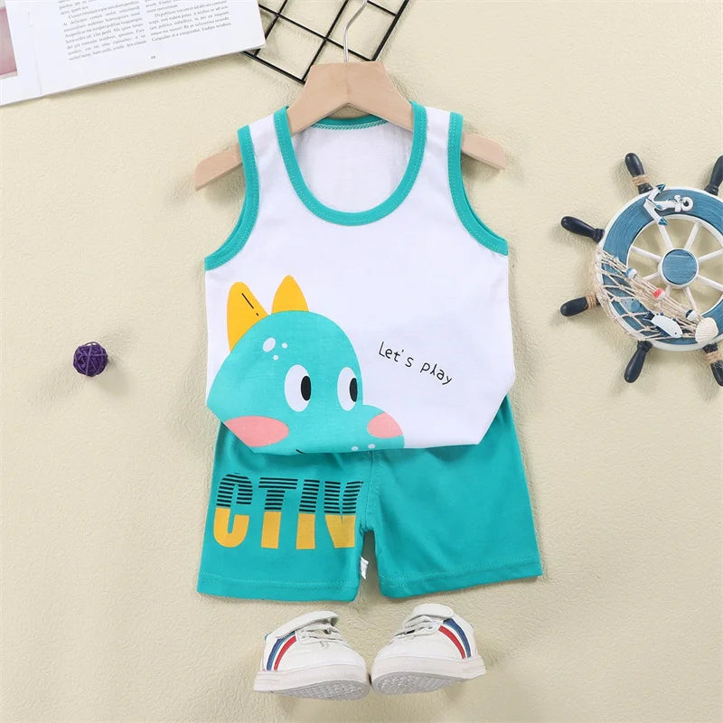 Cartoon Lion Pajamas Vest+Shorts 2-Piece Clothing Set Summer Kids Baby Boys Girls Cotton Casual Tracksuit Clothes Suit 1-6 Years