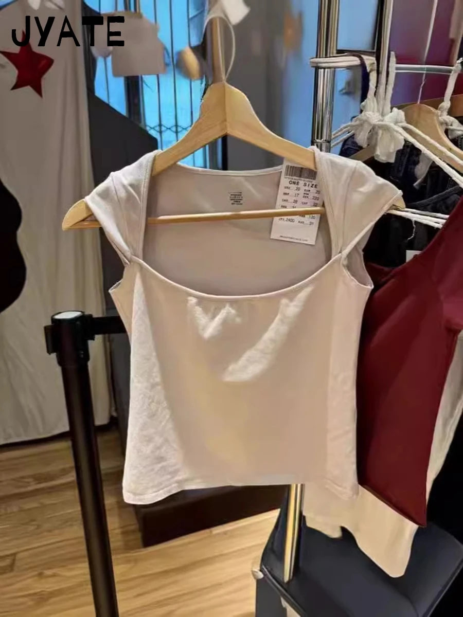 New Sweet Pink Cotton Crimping Short Sleeve Tees Women Summer Casual Simple Square Collar Crop Tops Vintage Basic Y2K T-shirts