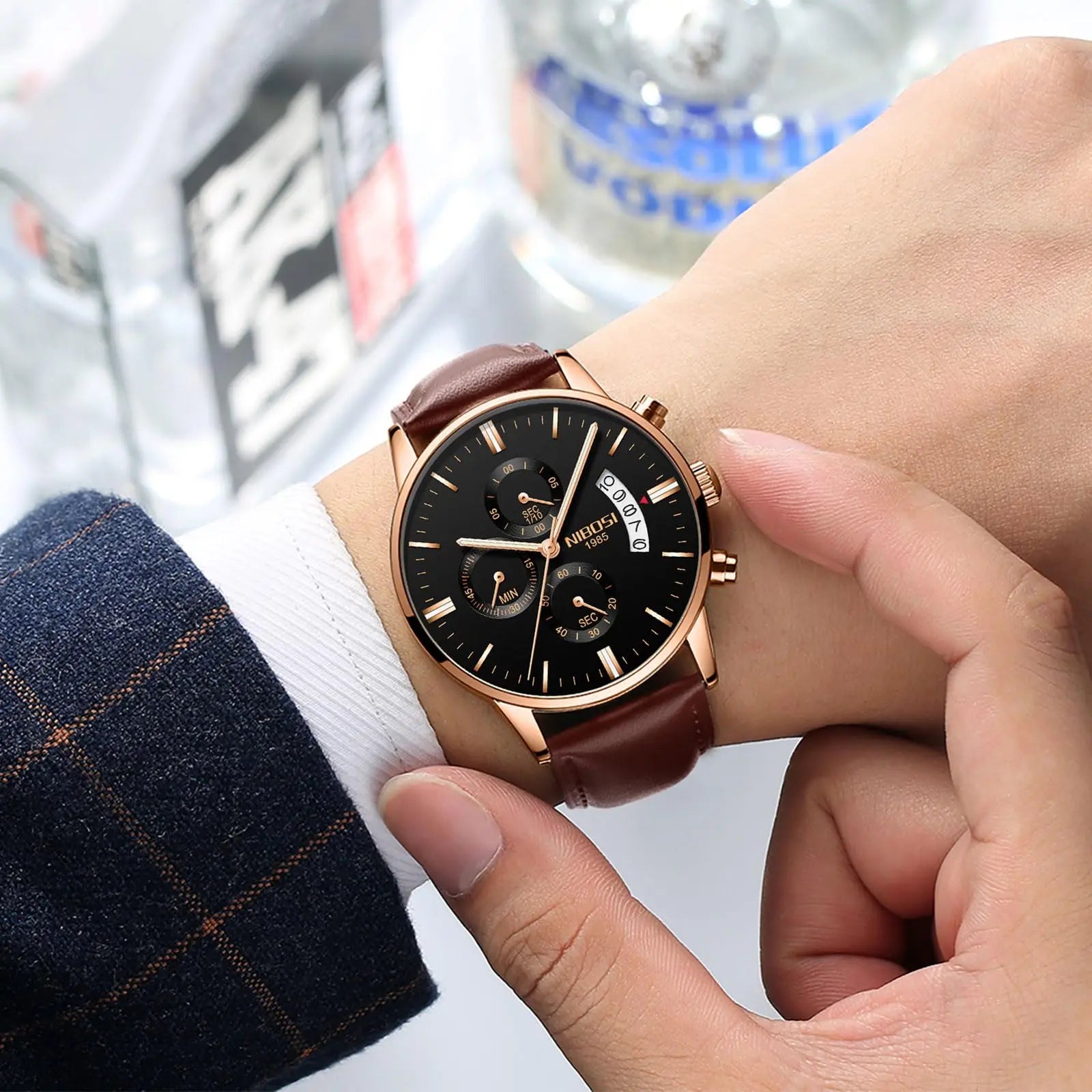 NIBOSI Watches Men Sport Quartz Watches Waterproof Chronograph Wrist Watch Gift Three-Eye 6-Pin Solid Leather Belt Watch Relogio