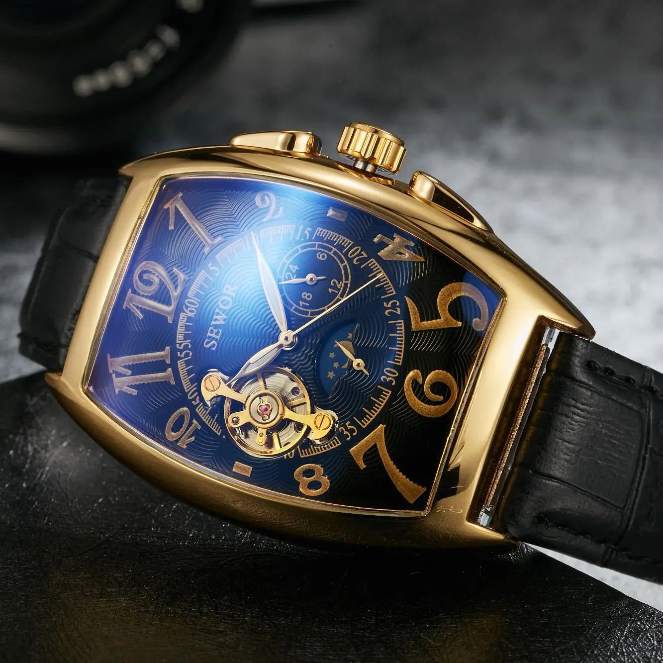 Top Fashion Luxury Gold Watch Men Mon Phase Tourbillon Watches Small Seconds Automatic Mechanical Wristwatches Reloj Hombre 2023