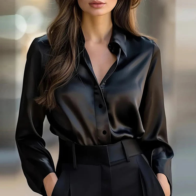 Elegant Blouses For Women Spring Autumn Satin Shirt Women Fashion Flare Long Sleeve Button Silk Blouse All Match Office Lady Top