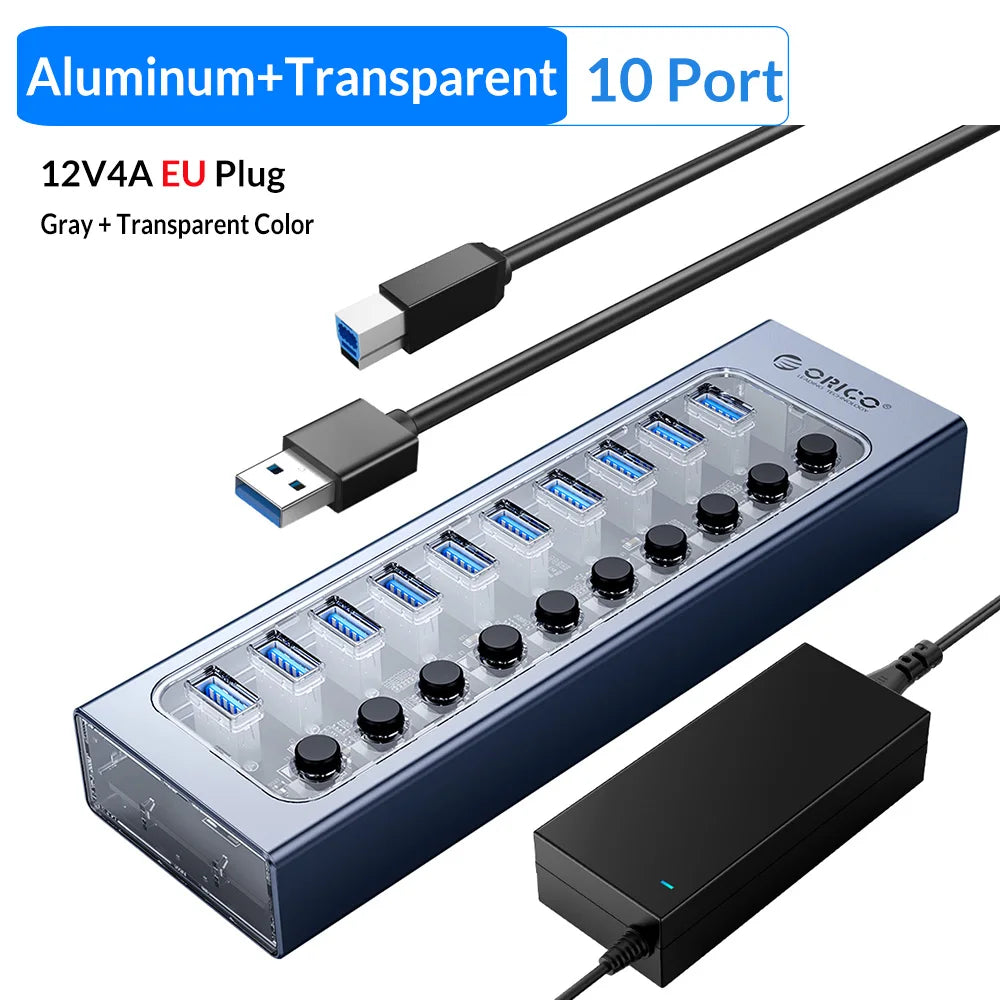 ORICO Industrial USB 3.0 HUB 7/10/13/16 Aluminum USB Splitter On/Off Switch With 12V Power Adapter Support Charging for Computer