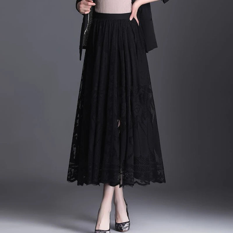 Lace Skirt for Women New Style Popular Versatile A-line Midi Skirt for Large Mesh Hollow Fairy Pleated Skirt
