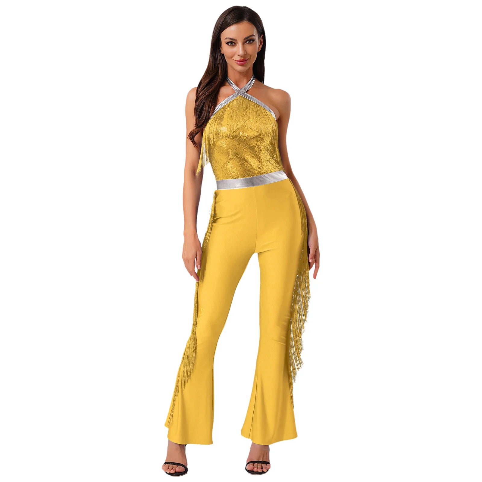 Womens 70s Disco Party Jumpsuit Halter Shiny Sequins Tassel Flared Pants Latin Jazz Dance Rompers Rave Festival Prom Clubwear