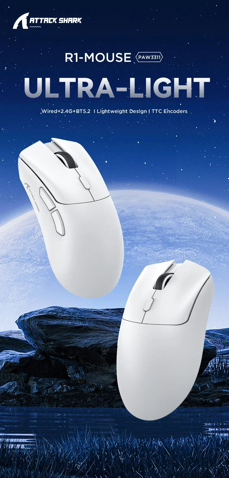 Attack Shark R1 Wireless Mouse Lightweight Ergonomic DesignMouse 1000Hz Bluetooth Tri-mode Connection 18000dpi Optical Mouse