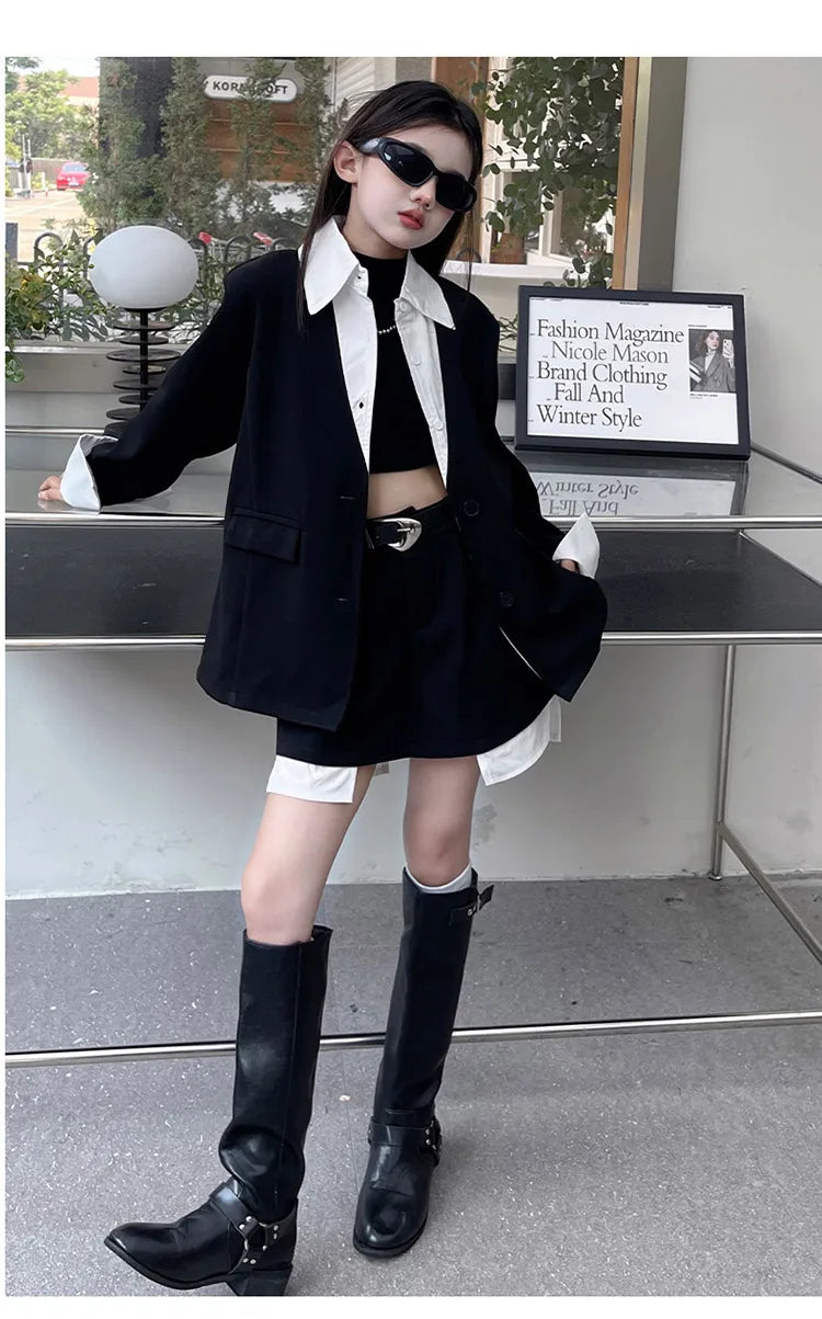 Girls' Suit Set Ages 5-14 Trendy Spliced Two-Piece Outfit with Jacket And Short Skirt for Children's Fashion Shows Machine Wa...