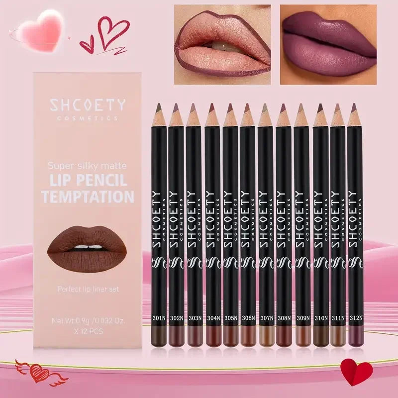 12pcs Professional Lip Liner Pens Set 12 Colors Matte Non-Stick Nude Lipstick Pencils Long-Lasting Moisturizing Lip Makeup Kit