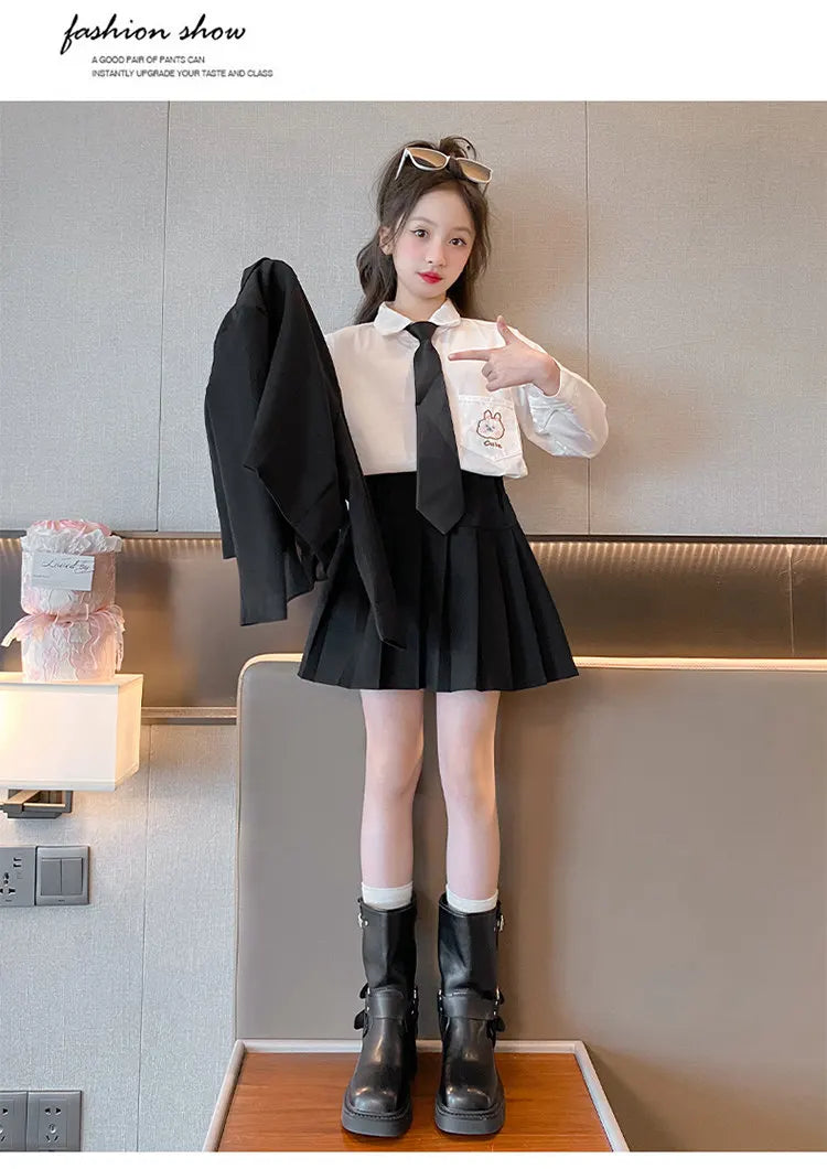 Junior Girl JK School Uniform Set Unique Formal Chain Smart Jackets and Pleated Skirt 2Pcs School Kids Child Uniform Blazer Suit