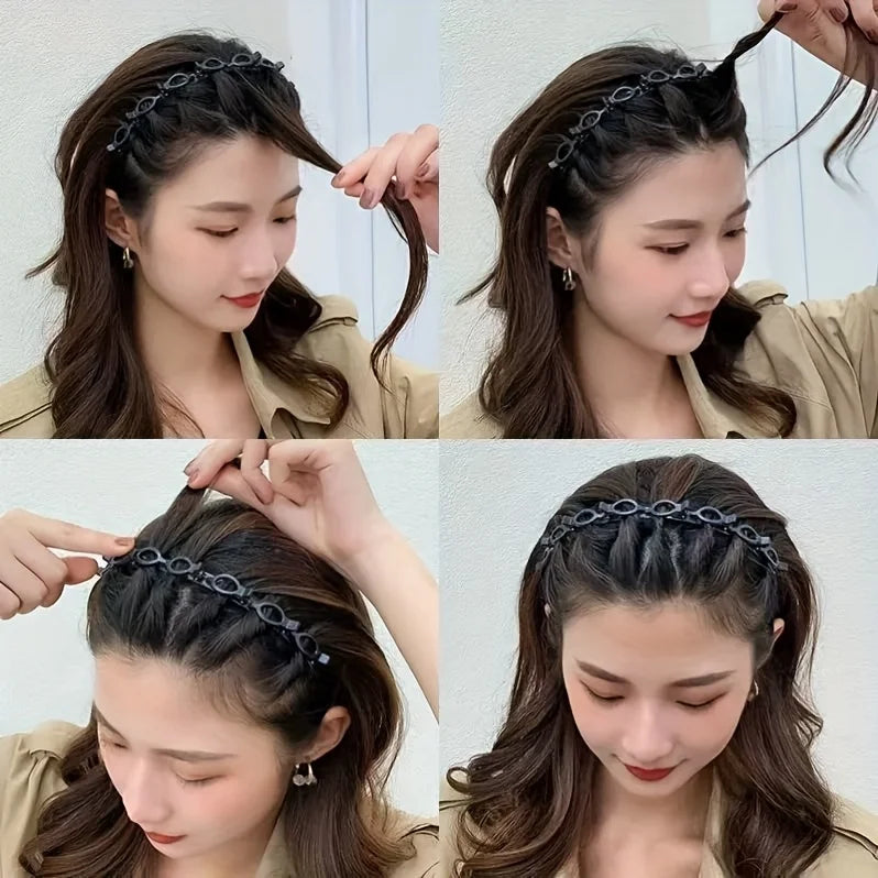 Braided Headband with Double-Layered Braids & Hollow Braiding - Solid Color Retro Hair Clip for Bangs, Volume & Braiding Styles