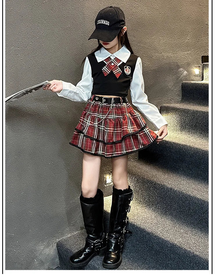 junior girls JK clothes Set Child Internet Celebrity Street Uniform suit Splicing shirt+checkered cake skirt+belt kids outfits