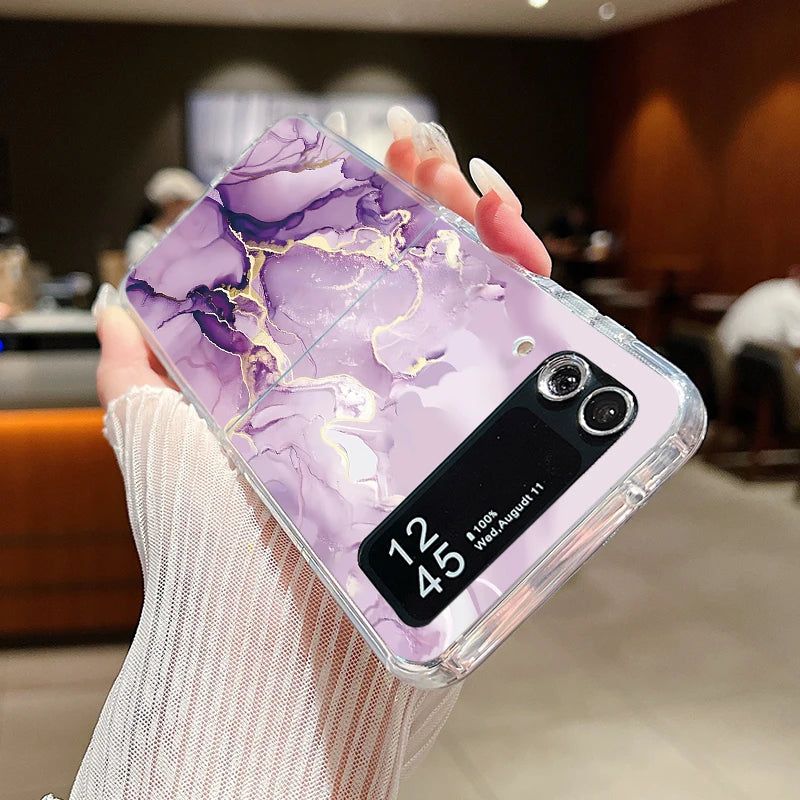 For Samsung Galaxy Z Flip 7 6 5 4 3 Case Watercolor Marble Pattern Hard Clear Folding Cover For Samsung Z Flip6 Flip5 Flip7